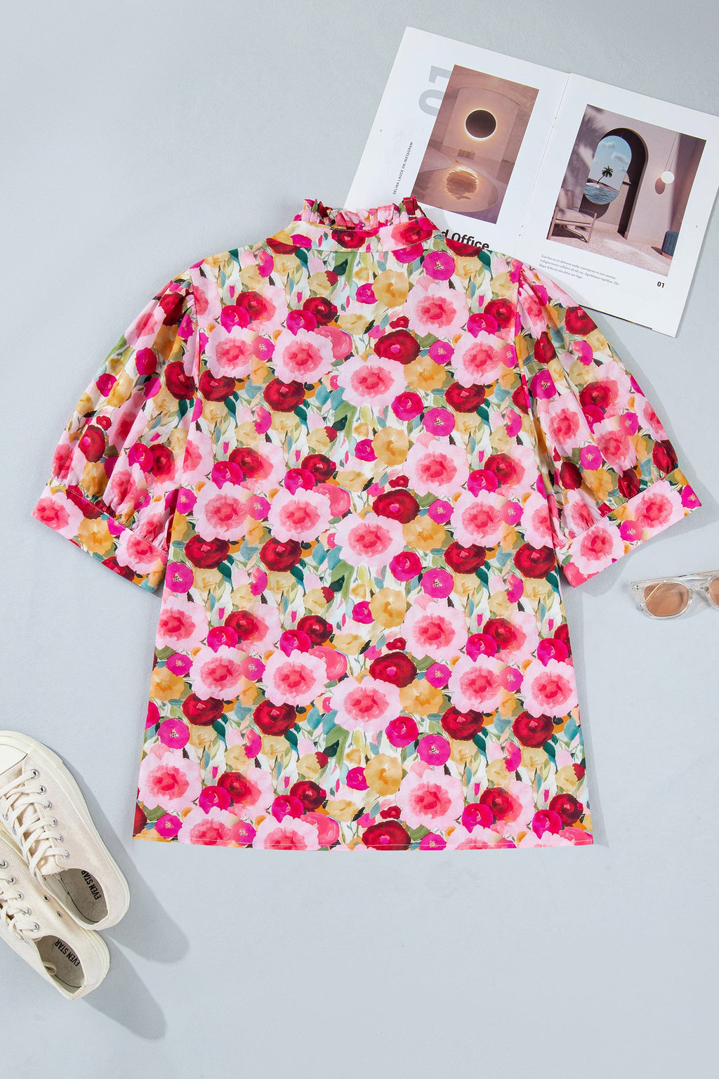 Oaklynn Puff Short Sleeve Floral V-Neck Top in Pink Red Yellow