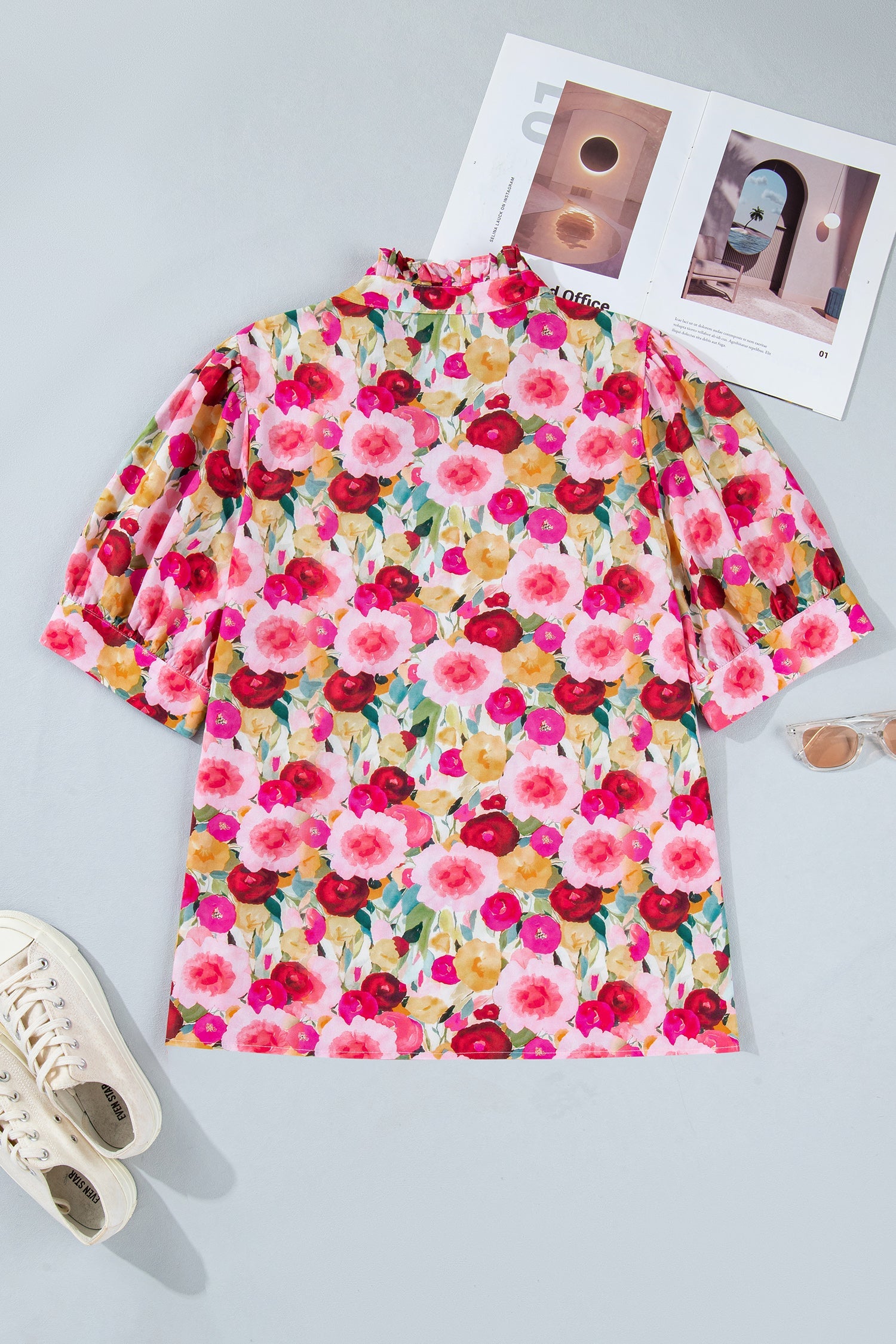 Oaklynn Puff Short Sleeve Floral V-Neck Top in Pink Red Yellow