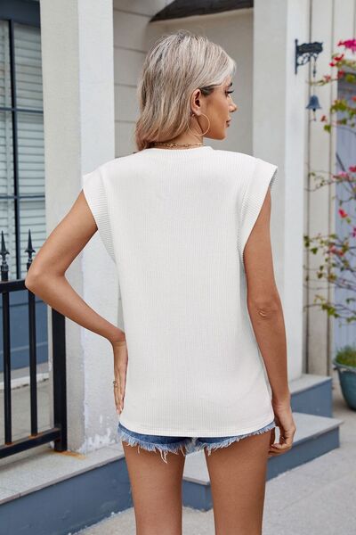 White Corded Ribbed Muscle Tank Top Round Neck Sleeveless Tee - Image 2