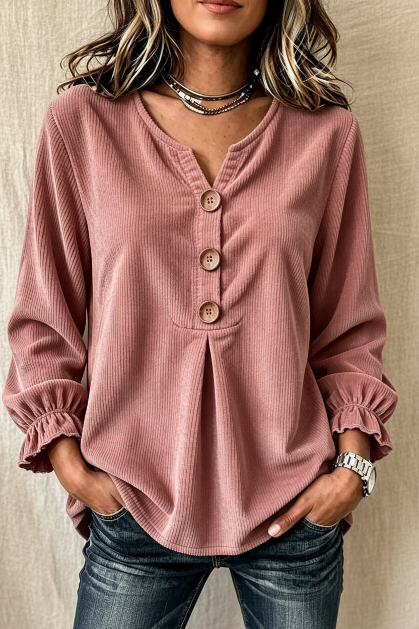 Women's Corduroy Long-Sleeve Blouse – Patchwork Minimalist Top
