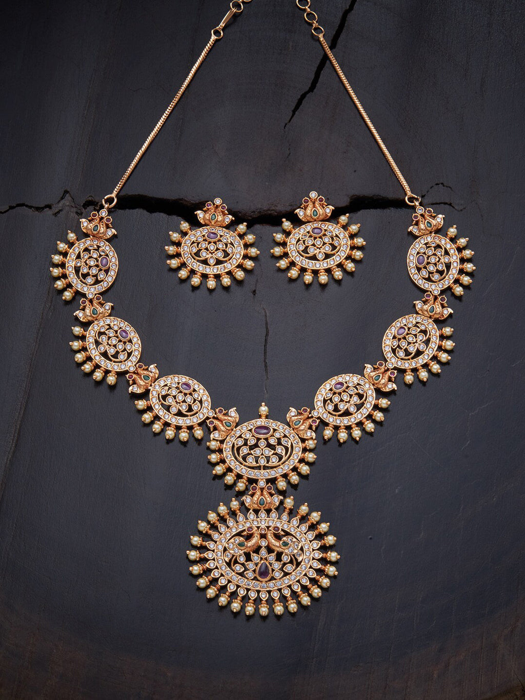 Gold-plated necklace and earring set adorned with multicoloured AD-stones
