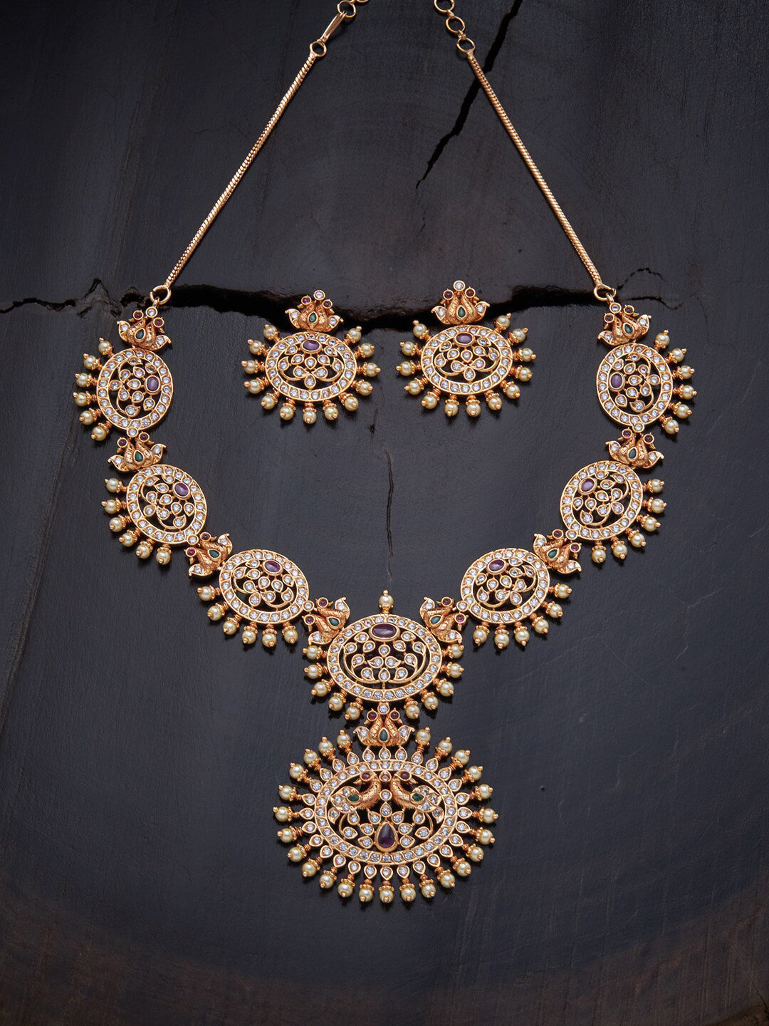 Gold-plated necklace and earring set adorned with multicoloured AD-stones