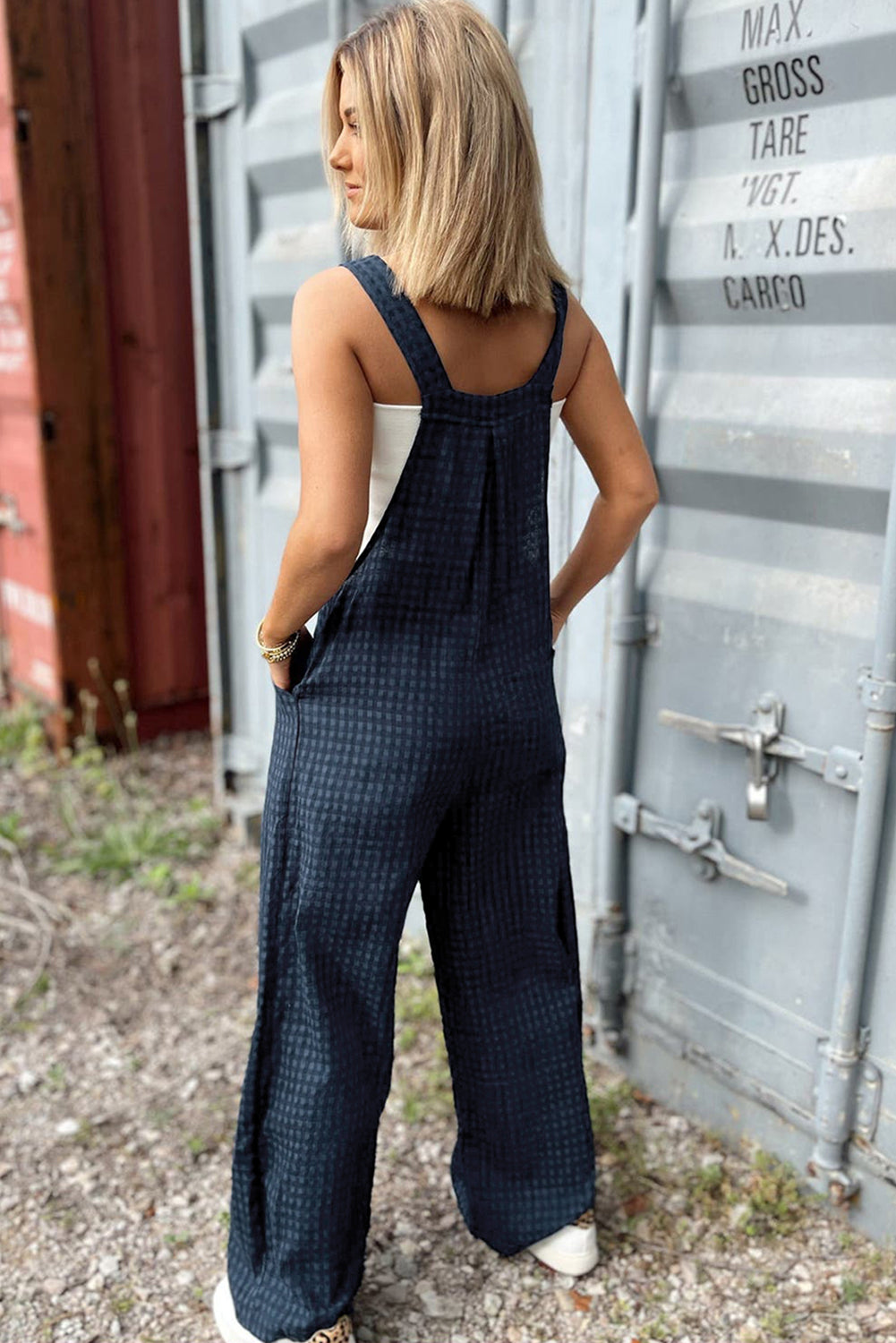 Sail Blue Plaid Print High Waist Overall with Pockets