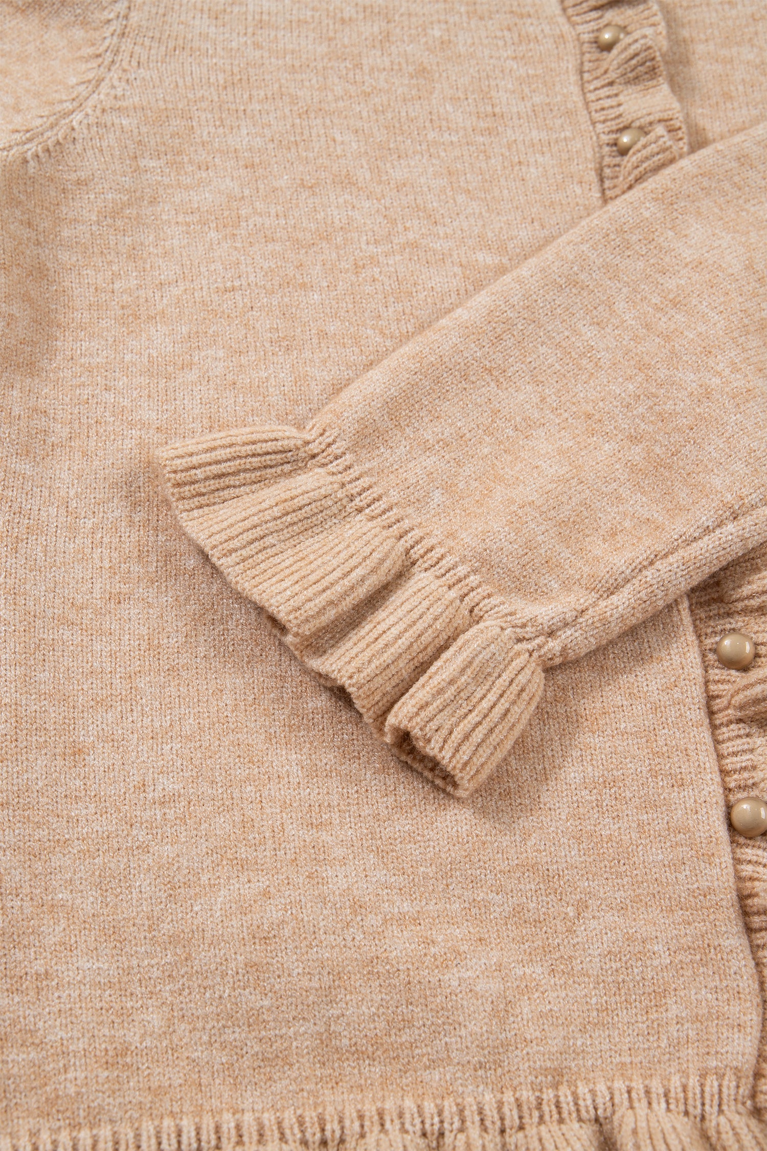 Yamileth Oatmeal Ruffle Trim Gold Button Cardigan