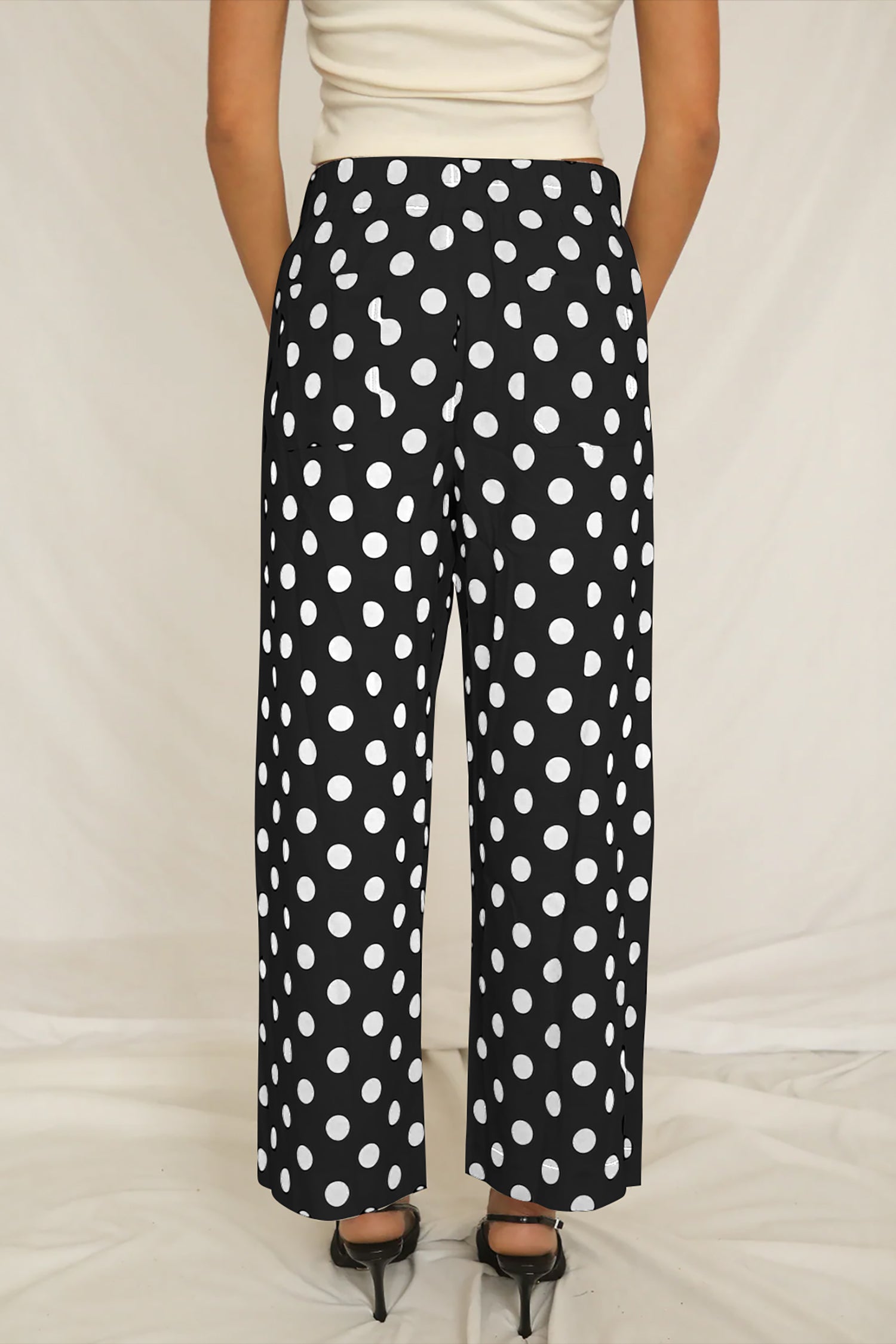 White Polka Dot Loose Wide Leg Pants with Patched Pockets
