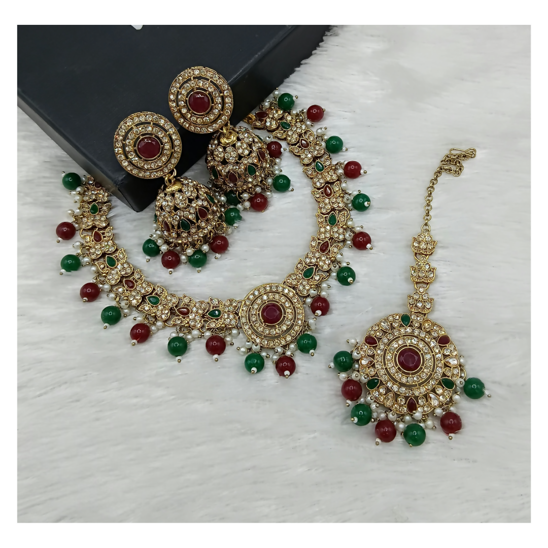 Maroon and green stone work necklace set with matching earrings for women