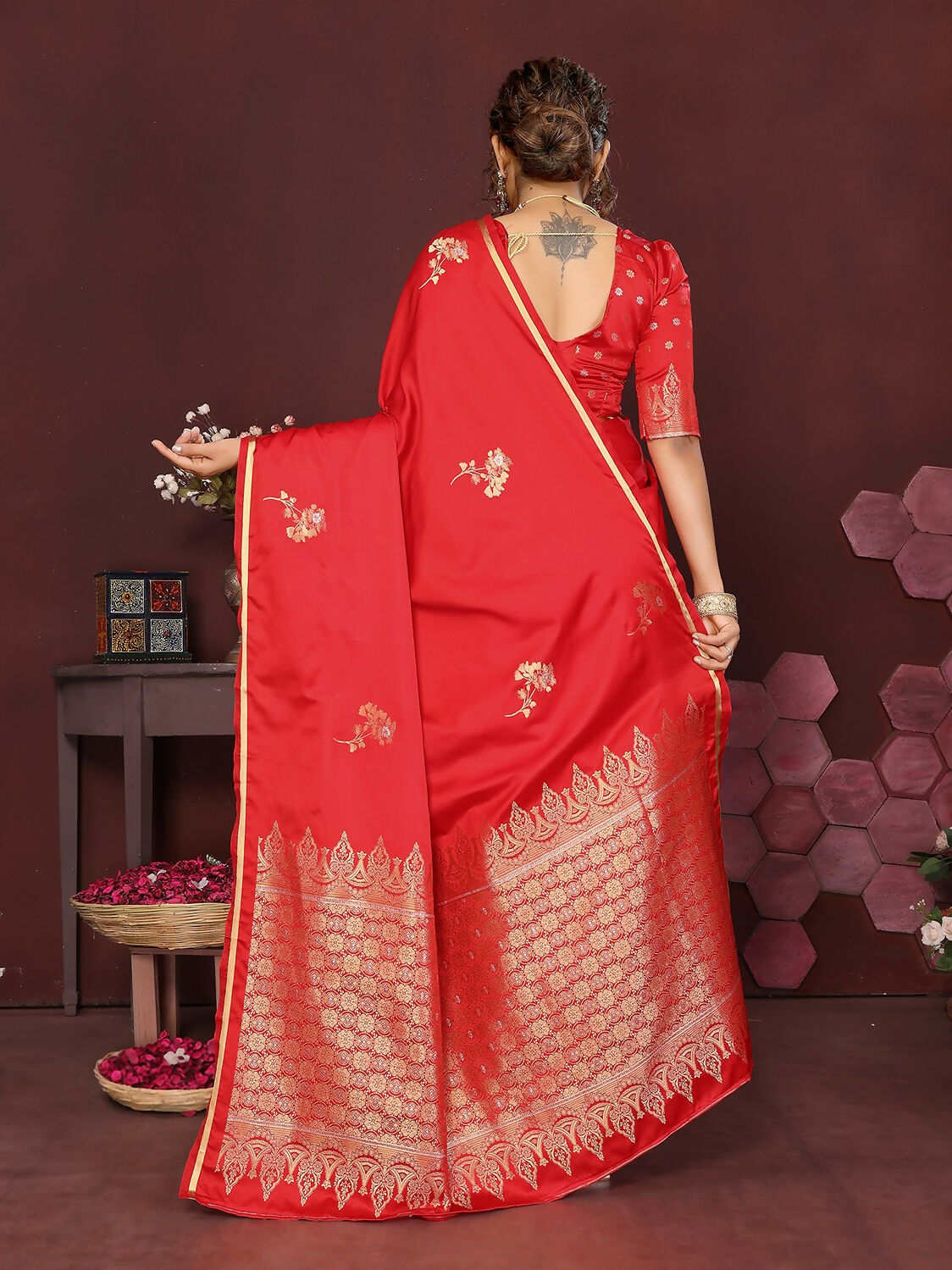Red Floral Banarasi Satin Silk Saree with Unstitched Blouse