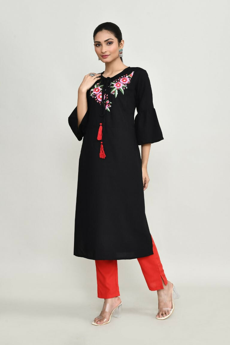 Black Embroidered Rayon Tunic for Women