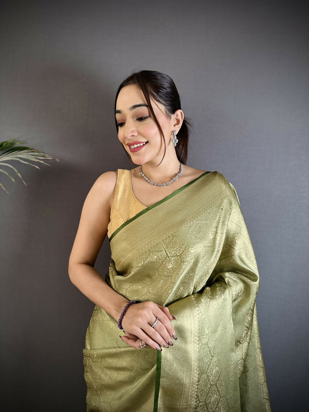Dusty Green Banarasi Silk Saree with Paisley and Floral Motifs