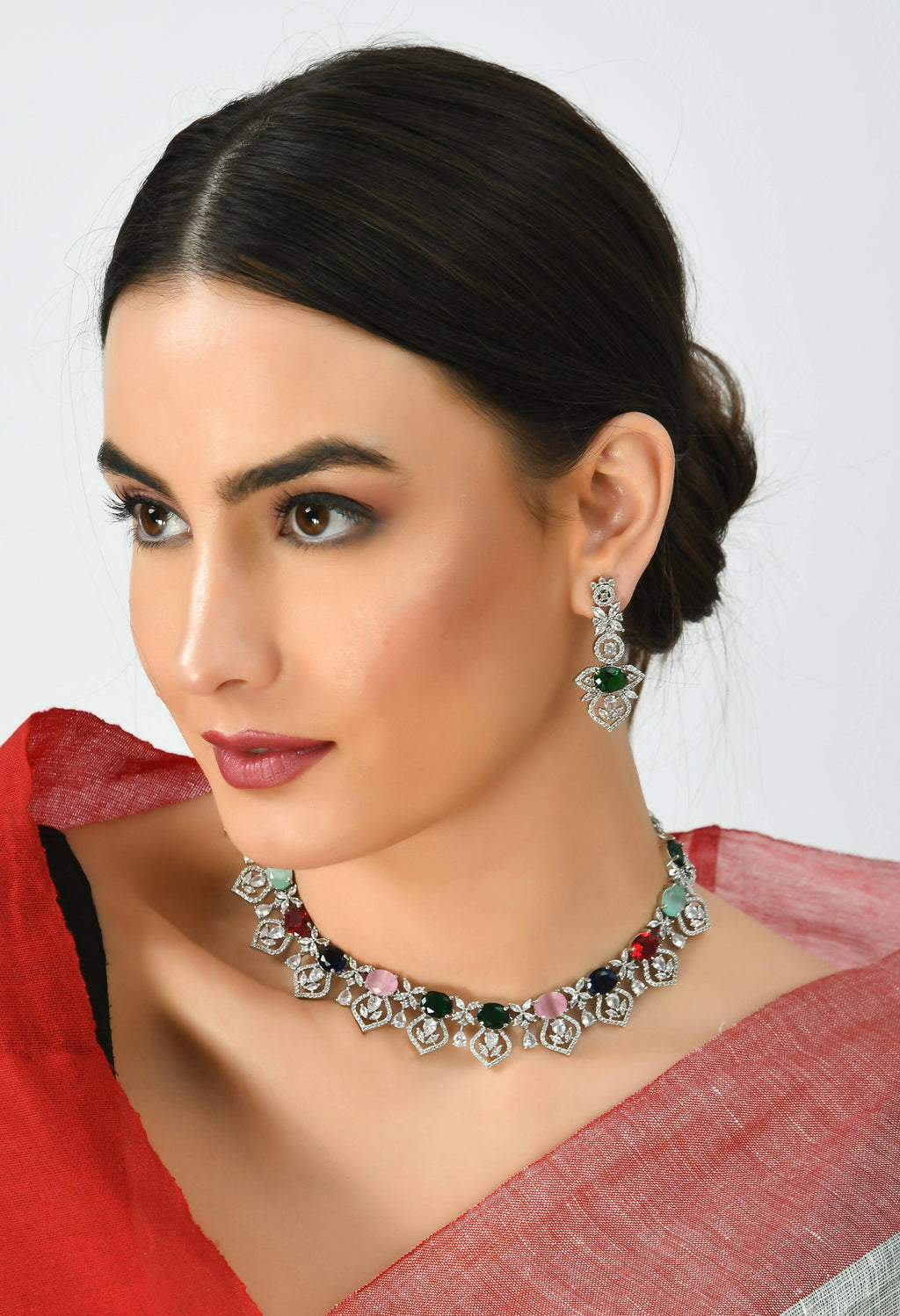 Multi Colour American Diamond Choker Necklace Set