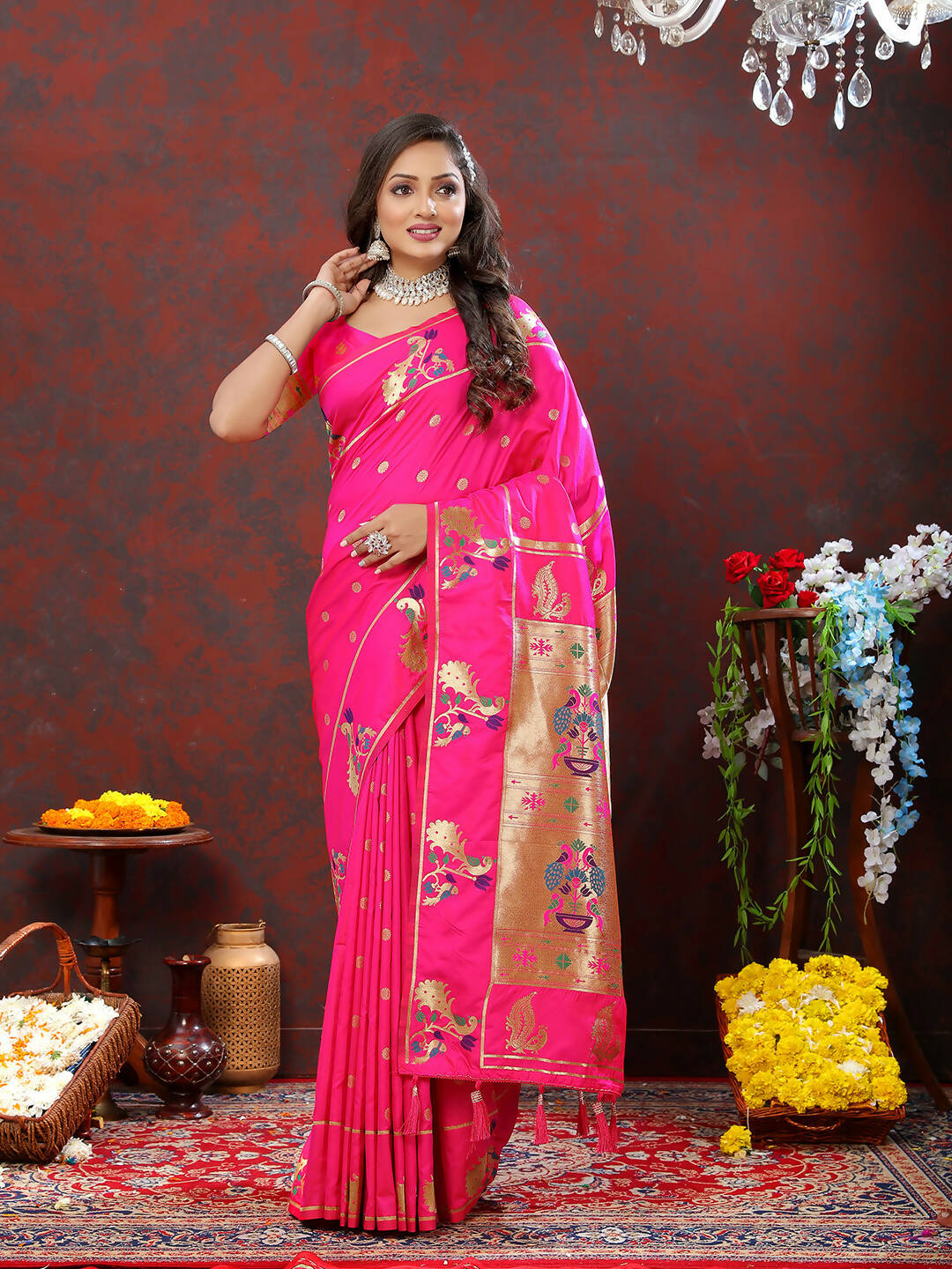 Lorenvalley Fashion Magenta Soft Paithani Silk Woven Design Gold Zari Meenakari Weaving Saree