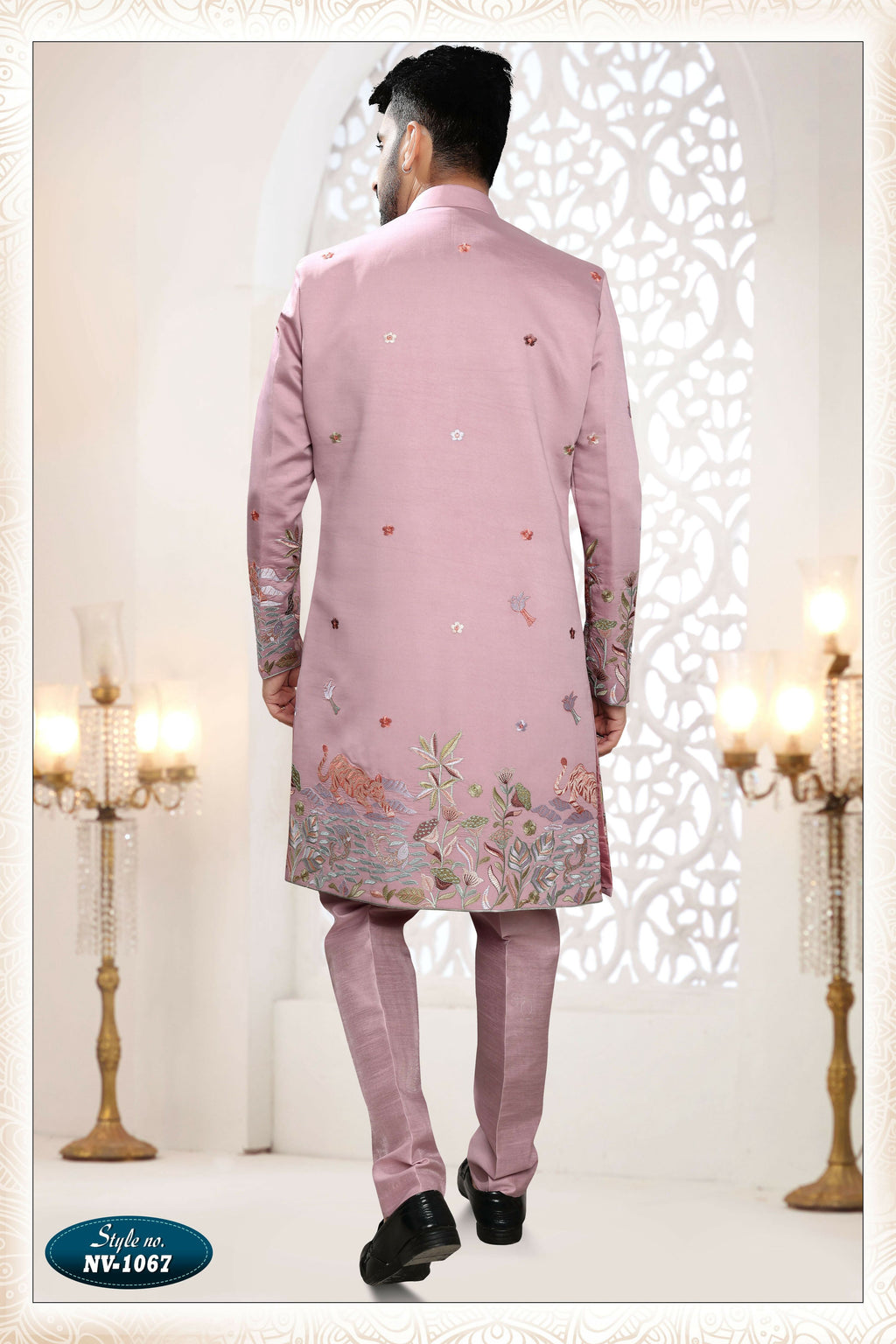 Men's Pink Straight Silk Kurta Set with Thread and Sequence Work