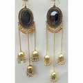Gold-plated triple-tiered jhumka earrings adorned with classic white pearls.
