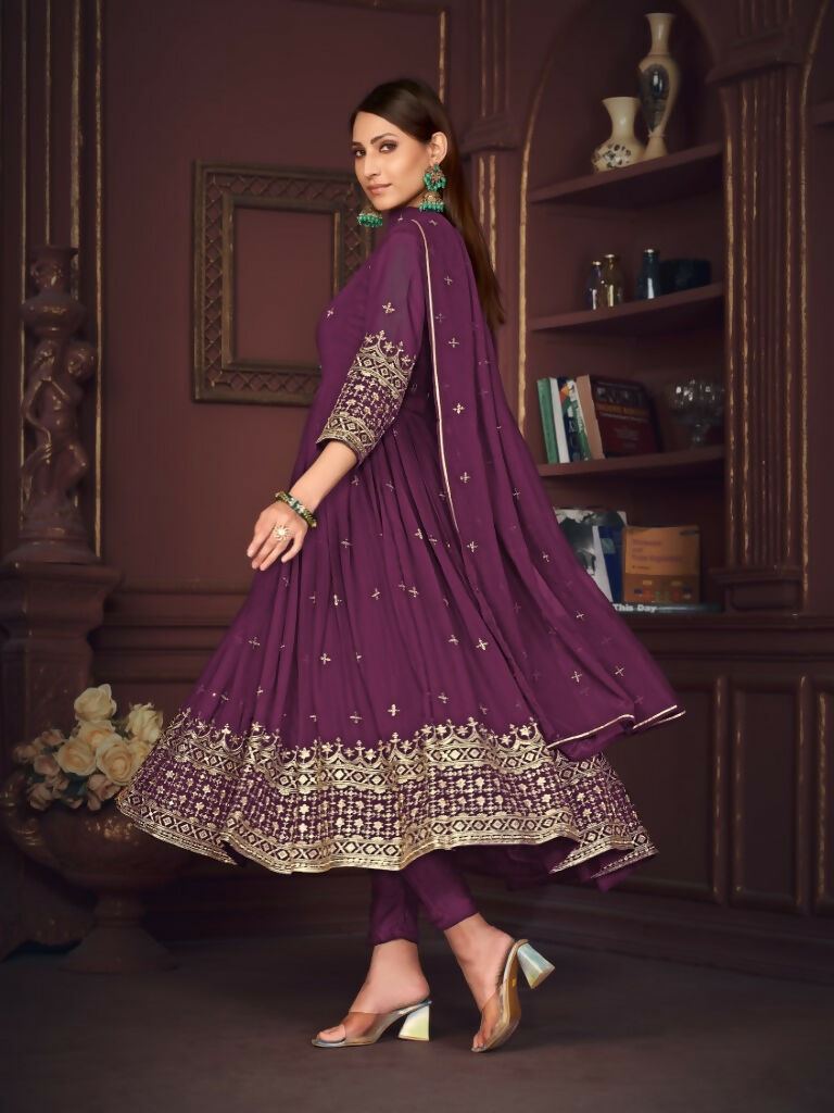 Purple Georgette Embroidered Anarkali Kurta Pant Set with Dupatta