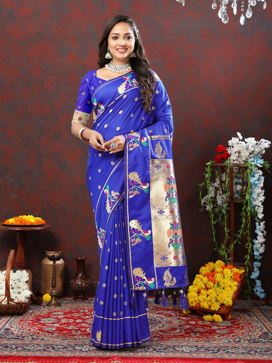 Blue Soft Paithani Silk saree with gold zari Meenakari work