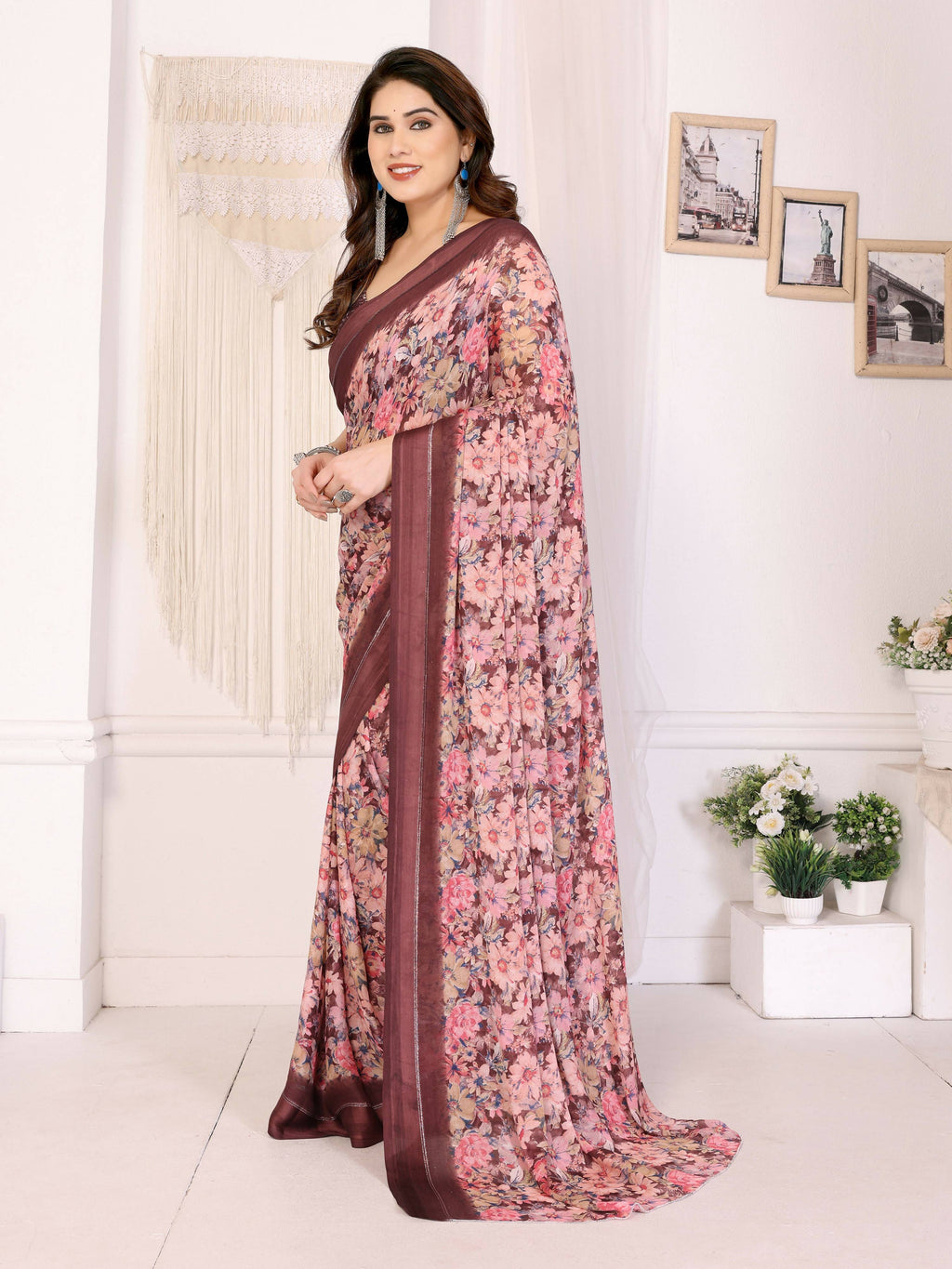 PR Fashion Maroon Bright Moss Satin Patta Printed Saree