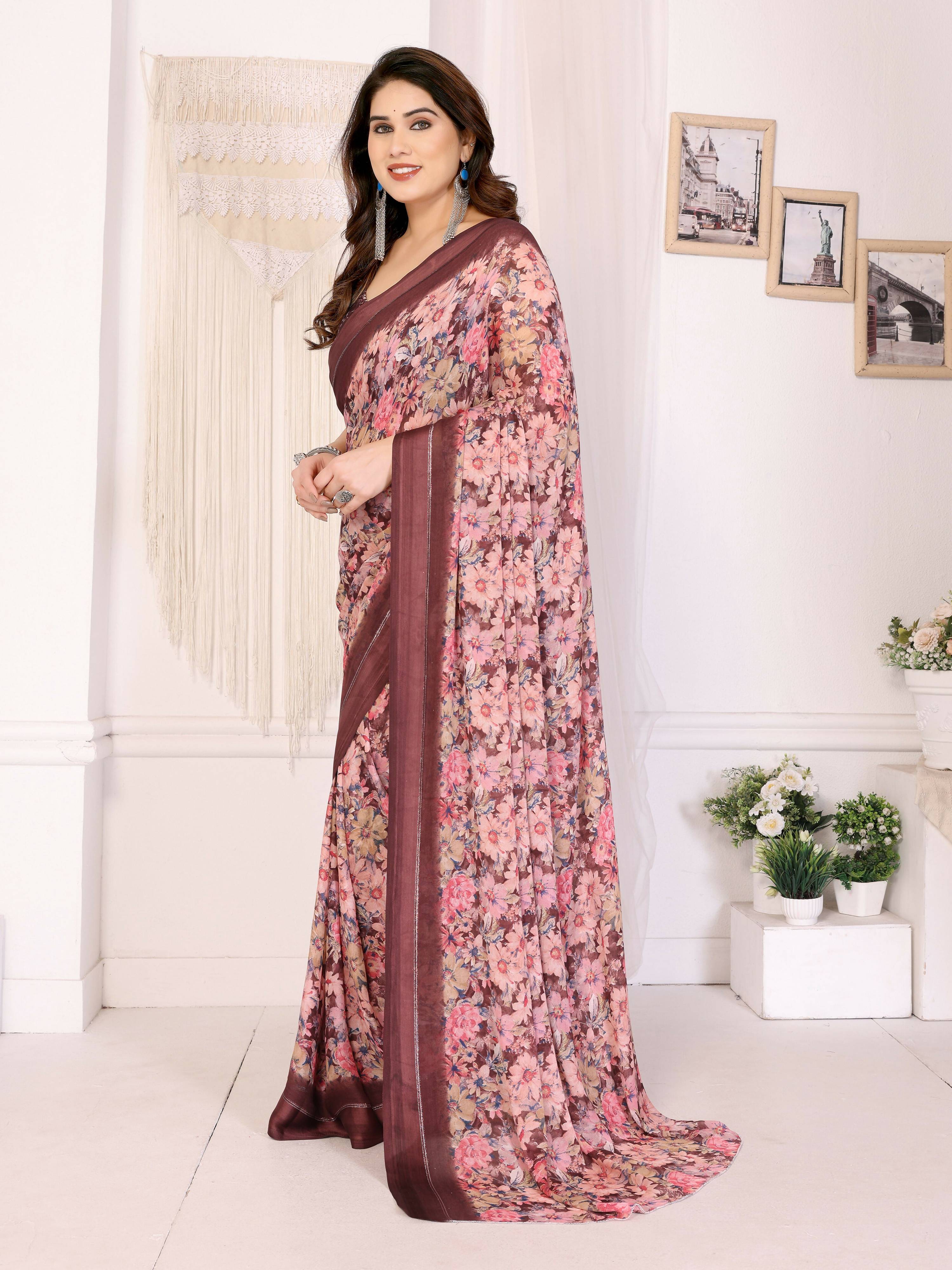PR Fashion Maroon Bright Moss Satin Patta Printed Saree