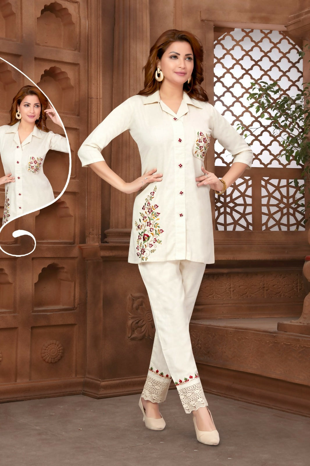 Beige cotton 2-piece kurta set for women with classic silhouette