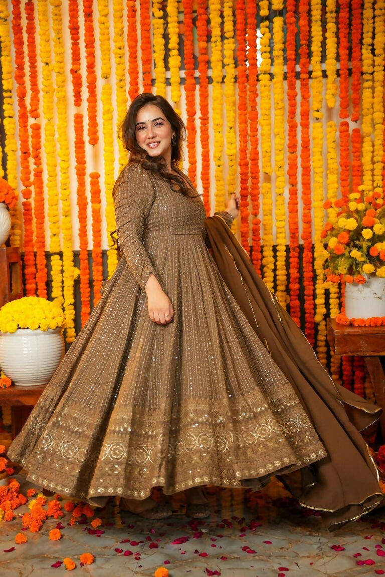 Jyoti Fashion Women's Brown Faux Georgette Zari Embroidery with Sequence Anarkali Dress with Dupatta
