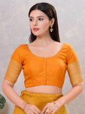 Mustard silk round neck stitched blouse for women