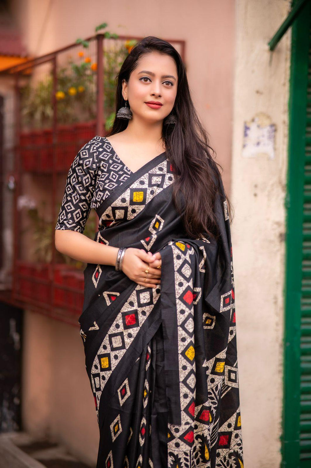Black Silk Blend Saree with Ethnic Batik Style Prints