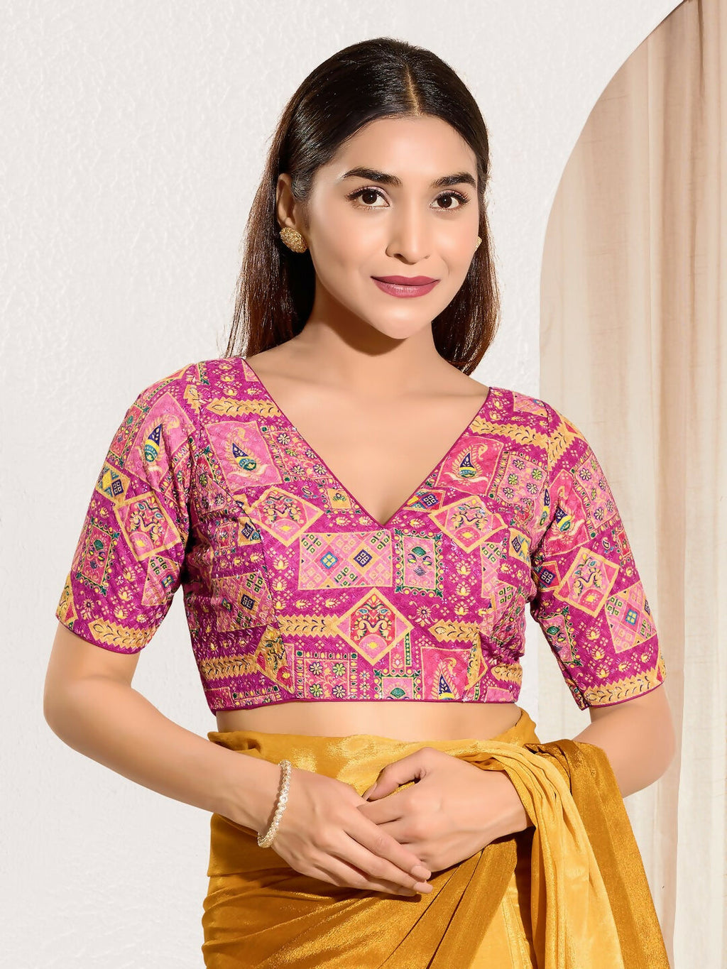 Pink Viscose Rayon Padded Blouse with V-Neck and Elbow Sleeves
