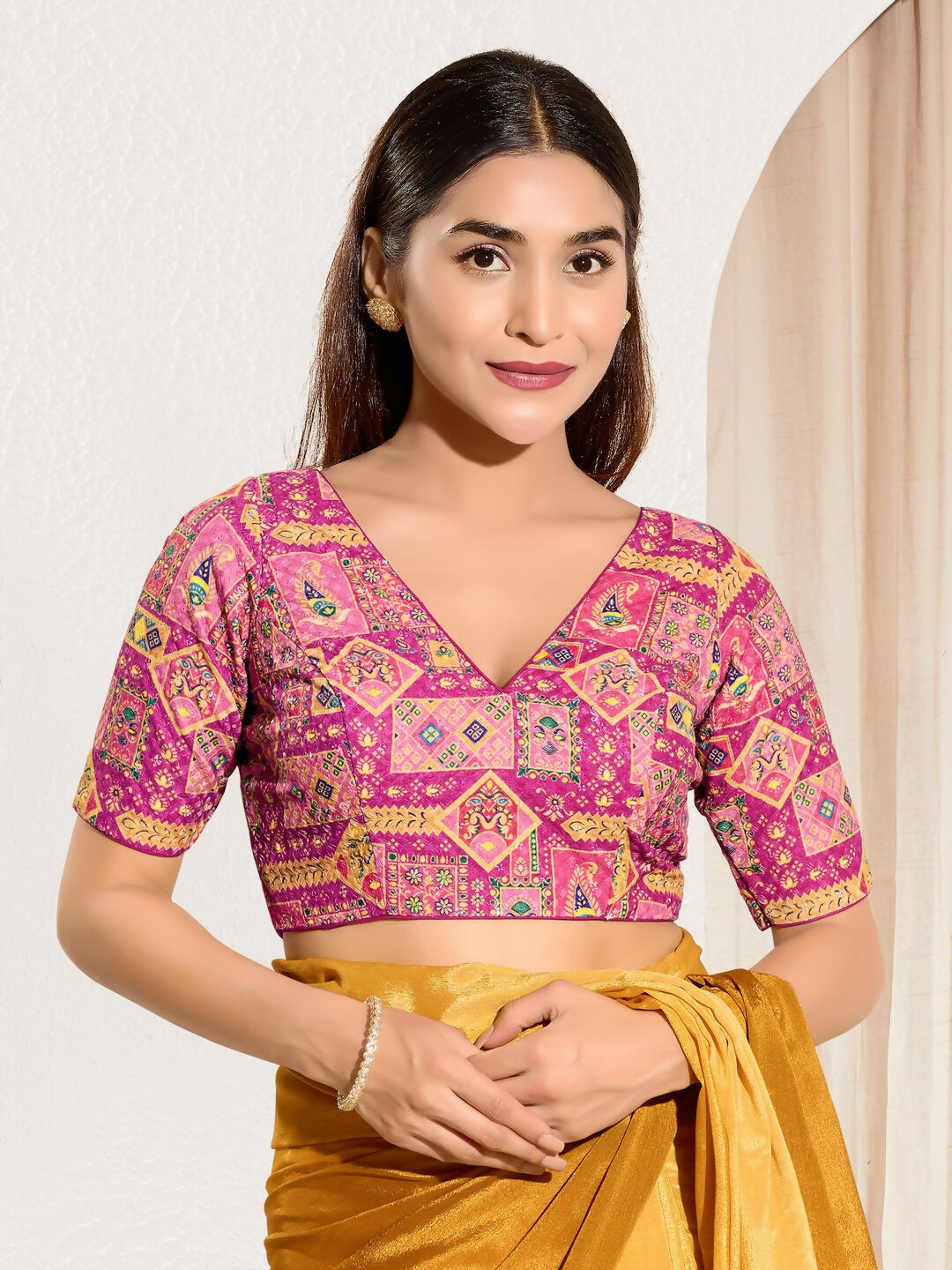 Pink Viscose Rayon Padded Blouse with V-Neck and Elbow Sleeves