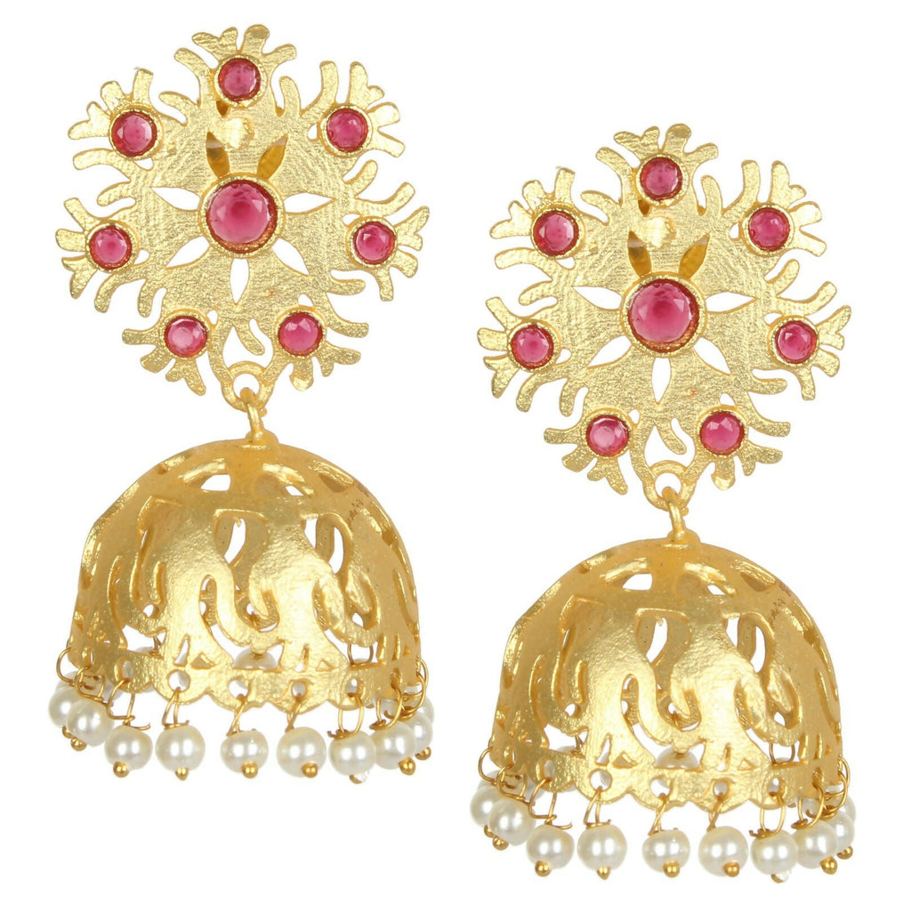 Close up of 5.5cm handcrafted matte gold brass jhumka earrings