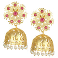 Close up of 5.5cm handcrafted matte gold brass jhumka earrings