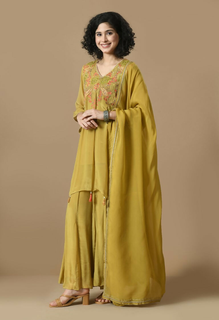 Mehendi Chinnon Kurta Set with Organza Dupatta