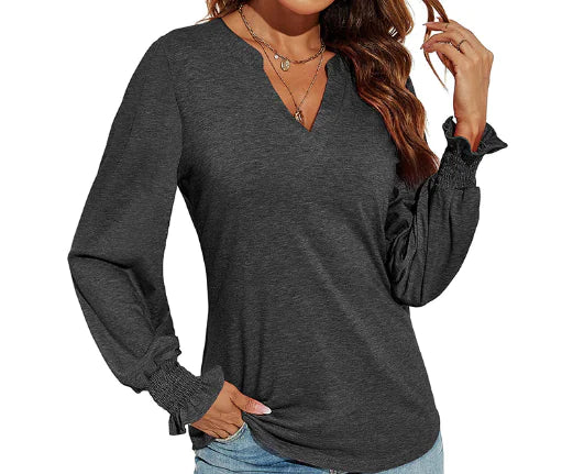 Women Long Sleeve V-Neck Lightweight Sweatshirt with Smocked Cuffs - Image 28