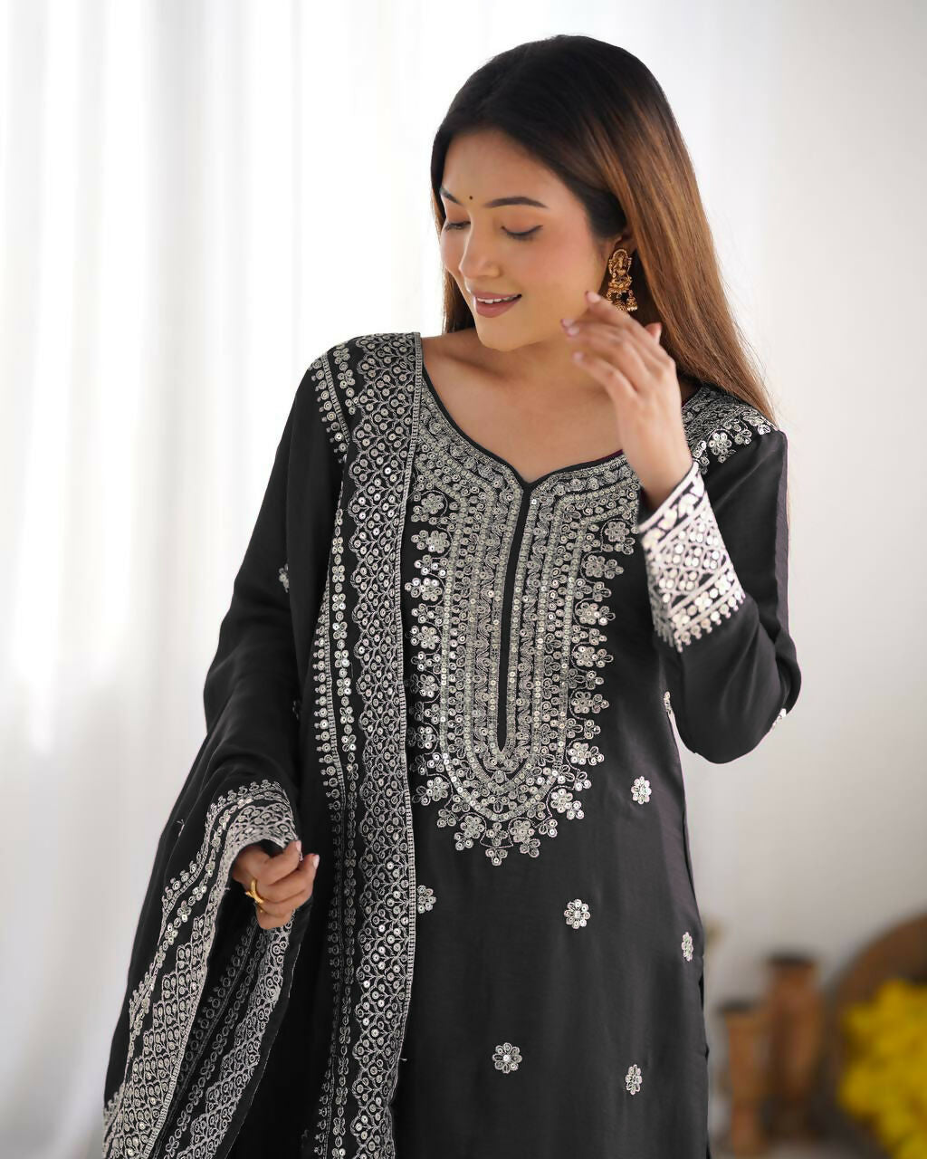 Black Silk Kurta Set with Sequins, Zari, and Thread Embroidery