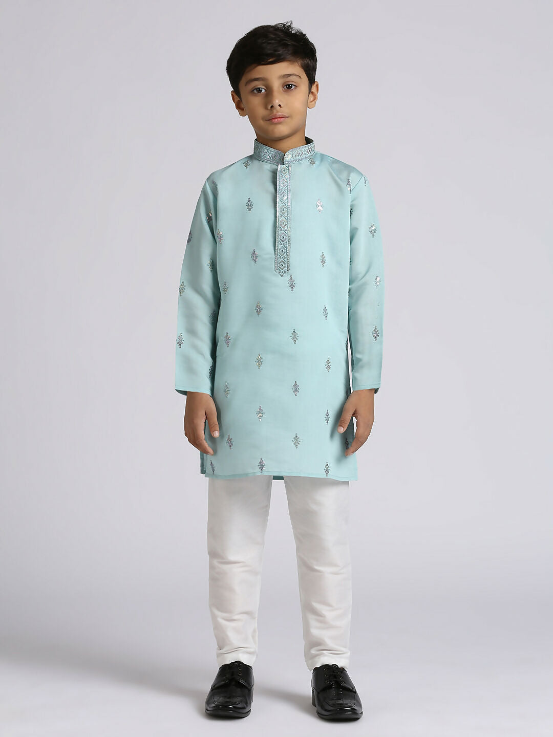 Boys Teal Blue Silk Sequence Embroidery Kurta and Pyjama Set