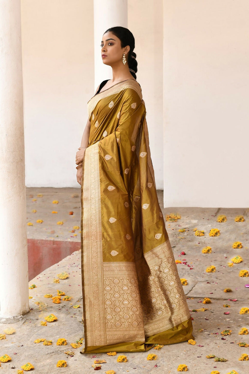 Olive Pure Katan Pure Handloom Banarasi Silk Saree