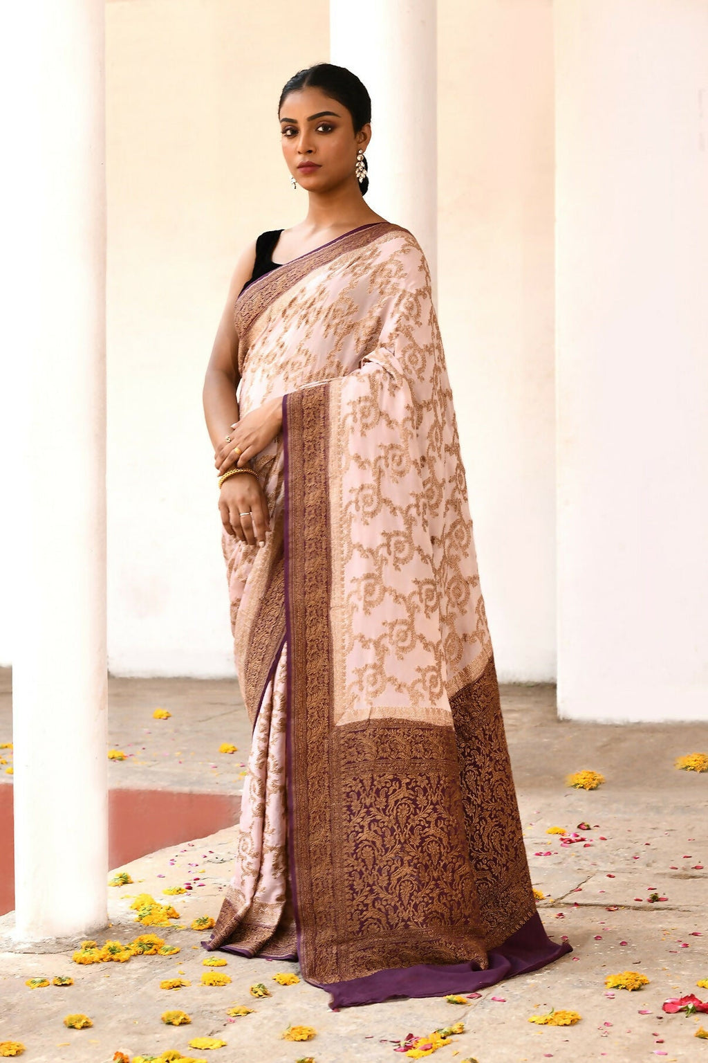Ivory Crepe Chiffon Pure Handloom Banarasi Silk Saree