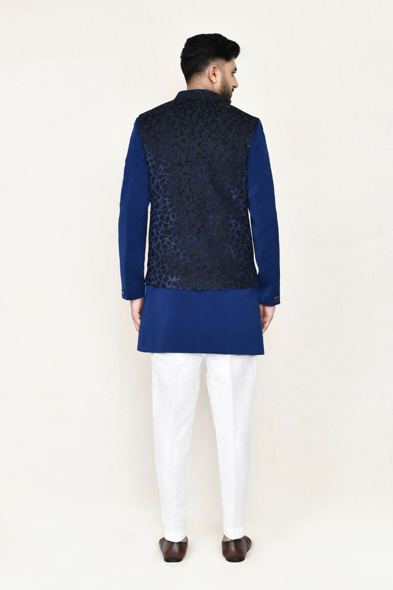 Blue Imported Jacquard Open Jacket Indo Western Set with Pant