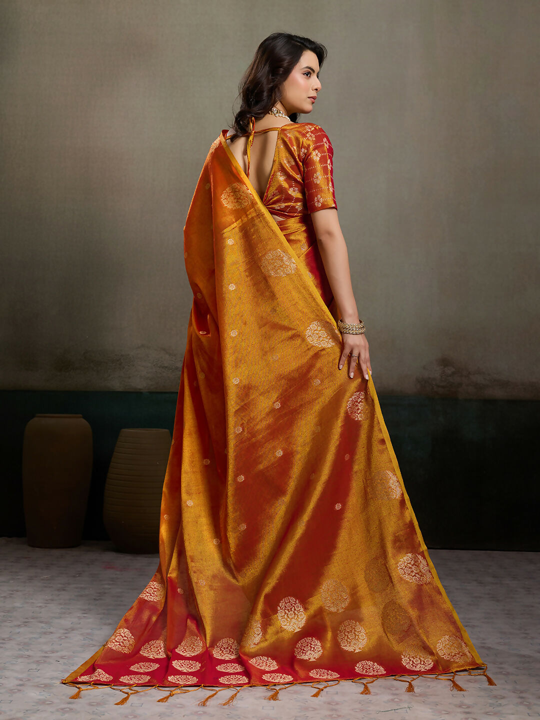 Orange Tissue Silk Saree with Matching Blouse Piece