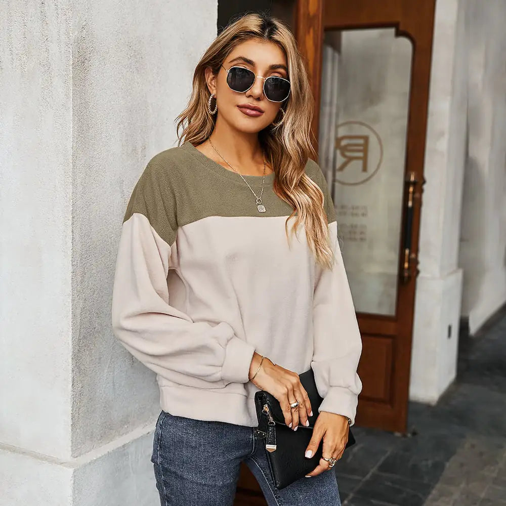 Women's Long Sleeve Color Block Fleece Pullover Sweater Top - Image 2
