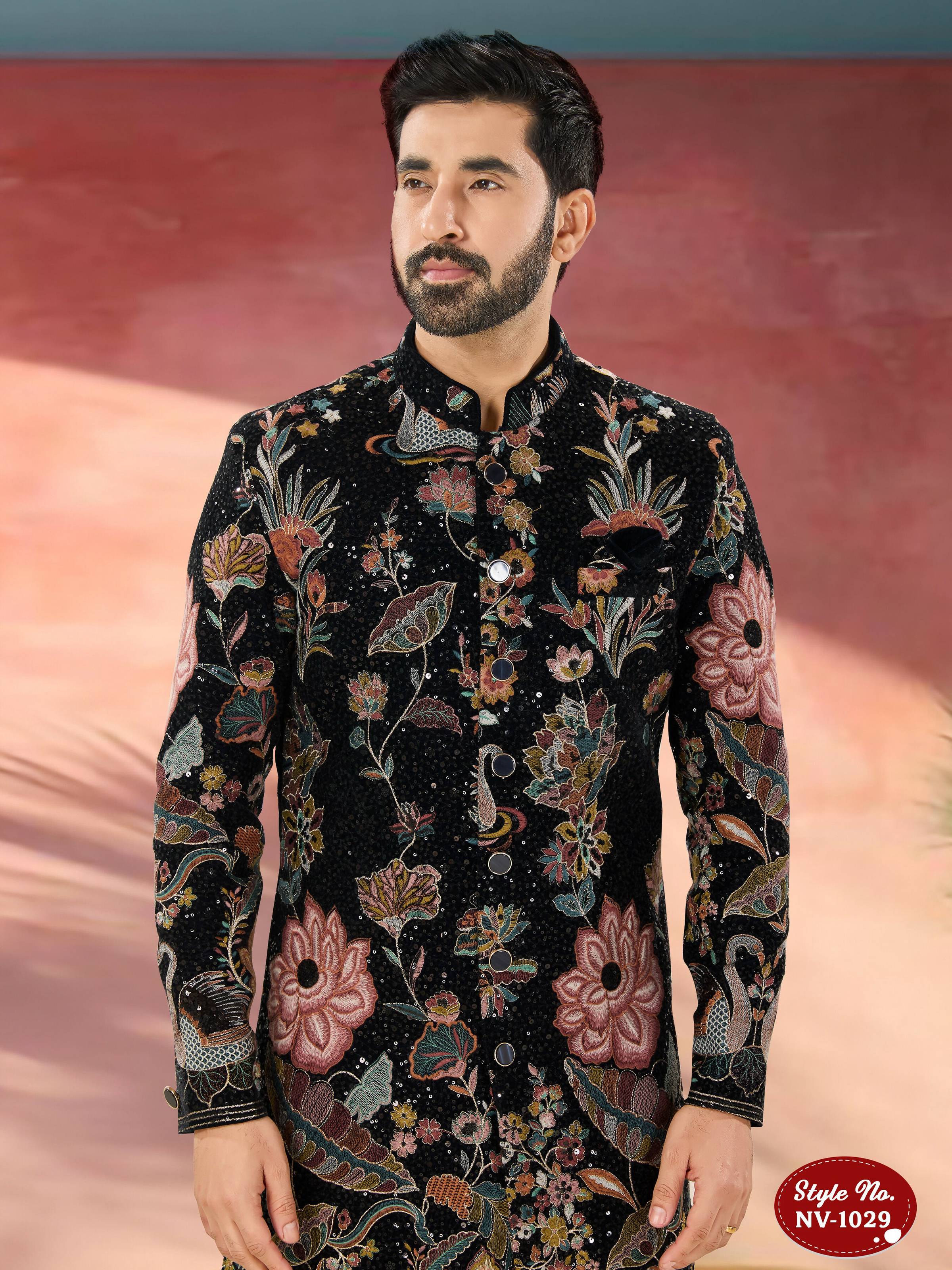 Men's Blue Velvet Indo-Western Kurta Set with Thread Embroidery