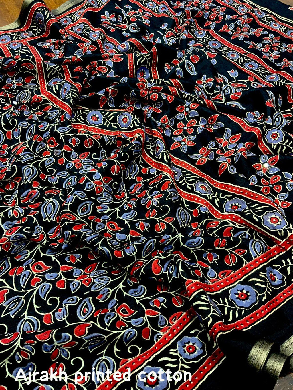 Black Cotton Blend Ajrak Saree with Zari Border