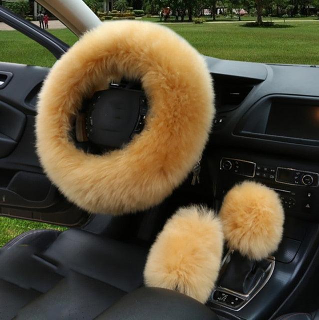3pc Fluffy Sheepskin Steering Wheel Cover Set for Car Interior