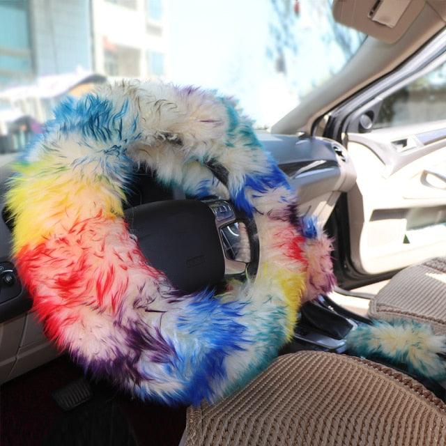 3pc Fluffy Sheepskin Steering Wheel Cover Set for Car Interior