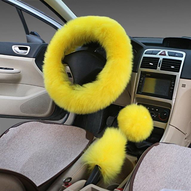 3pc Fluffy Sheepskin Steering Wheel Cover Set for Car Interior