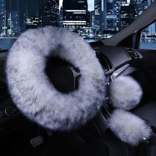 3pc Fluffy Sheepskin Steering Wheel Cover Set for Car Interior