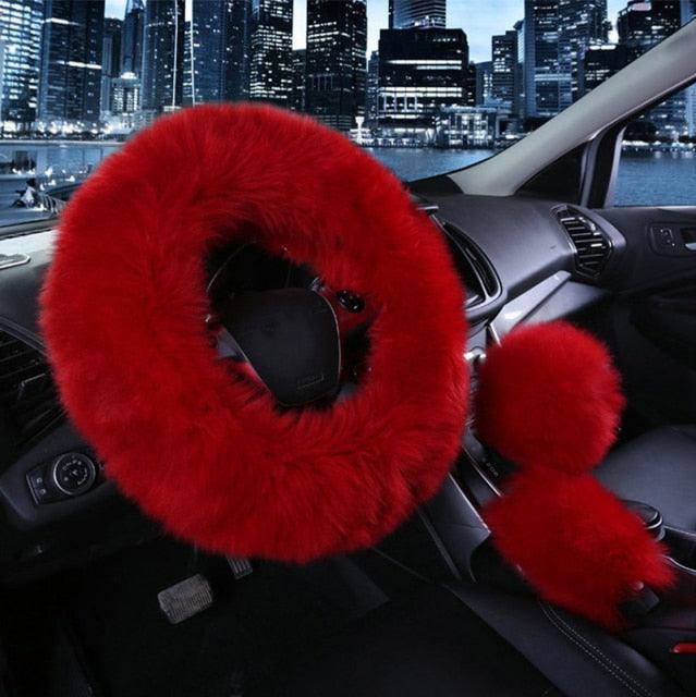 3pc Fluffy Sheepskin Steering Wheel Cover Set for Car Interior