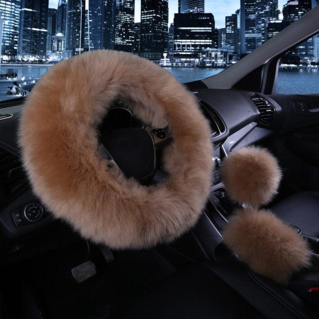 3pc Fluffy Sheepskin Steering Wheel Cover Set for Car Interior