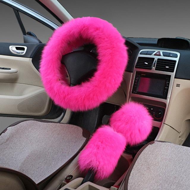 3pc Fluffy Sheepskin Steering Wheel Cover Set for Car Interior