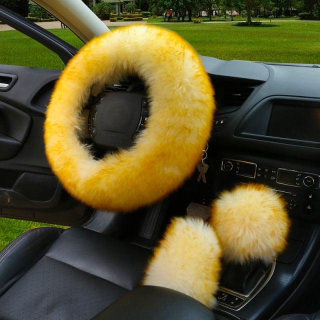 3pc Fluffy Sheepskin Steering Wheel Cover Set for Car Interior