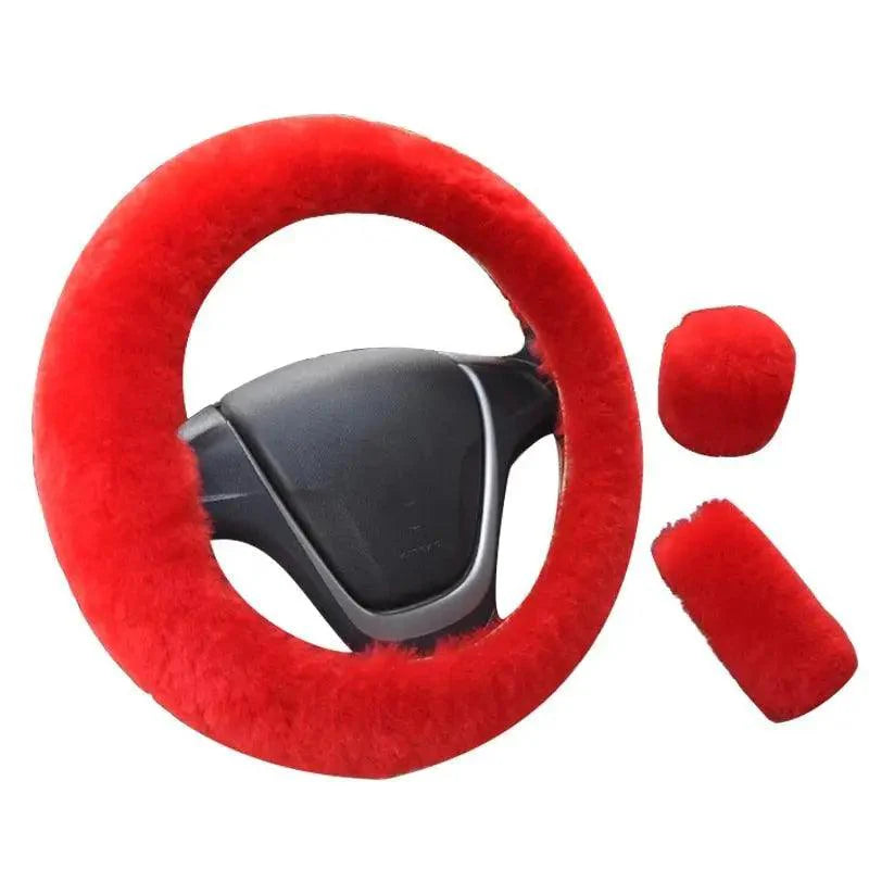 3Pc Winter Faux Fur Car Steering Wheel Cover Set - Neutral Tones
