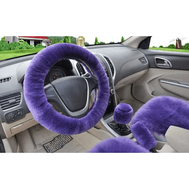 3Pc Winter Faux Fur Car Steering Wheel Cover Set - Neutral Tones